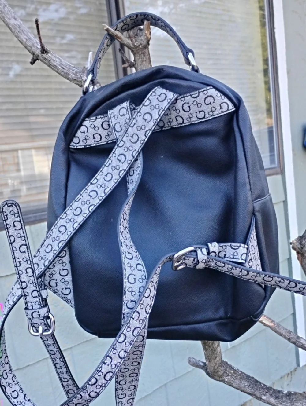 GUESS Black Faux Leather Backpack with Logo